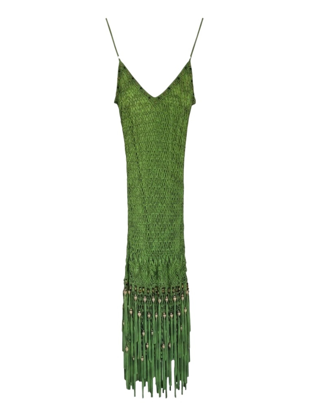 NWT Sue Wong Green Crochet Beaded Fringe Maxi Dress
